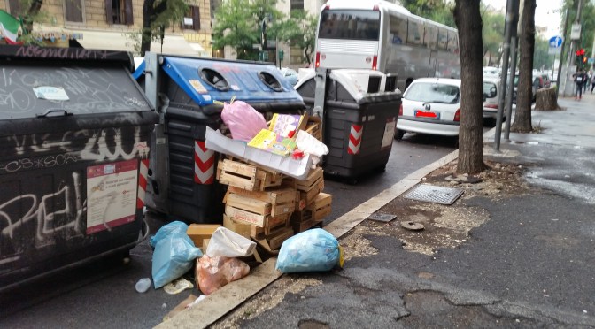 Genesi e crescita di un mucchio di rifiuti accanto a un cassonetto