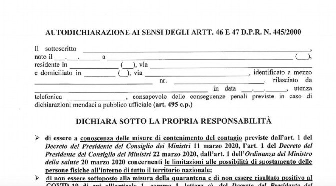 Il nuovo modulo da utilizzare per le autocertificazioni dal 23 marzo 2020