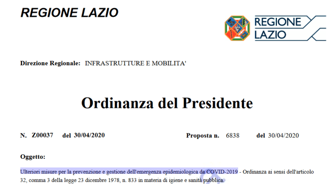 L’ordinanza del 30 aprile 2020 del Presidente della Regione Lazio