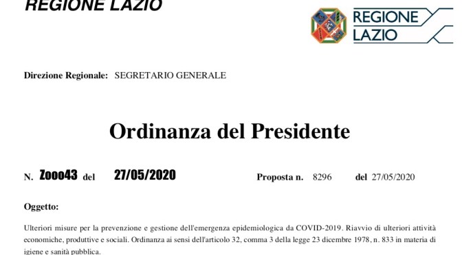 L’Ordinanza del Presidente della Regione Lazio del 27 maggio 2020 con le schede tecniche relative ai vari settori delle attività