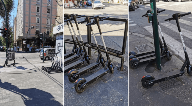 Adesso pure i parcheggi dei monopattini sui marciapiedi: ma sono leciti?