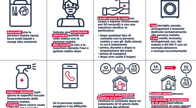 Infografiche con le regole  in caso di contatto stretto con un positivo  di covid-19 e le raccomandazioni per  persone in isolamento domiciliare