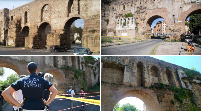 14 giugno 2022 Si staccano alcuni pezzi di tufo da un arco a Porta Maggiore