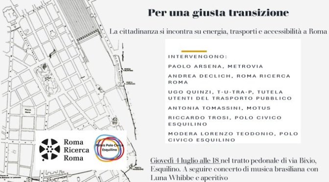 4/7/24 “Per una giusta transizione” Incontro su energia, trasporti e accessibilità nell’area pedonale di via Bixio (Scuola Di Donato)