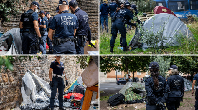 Polizia Locale, vasta operazione anti degrado: in viale Pretoriano e in via di Santa Bibiana rimosse circa 30 tende e identificate 19 persone. Avviate le opere di pulizia e ripristino del decoro.