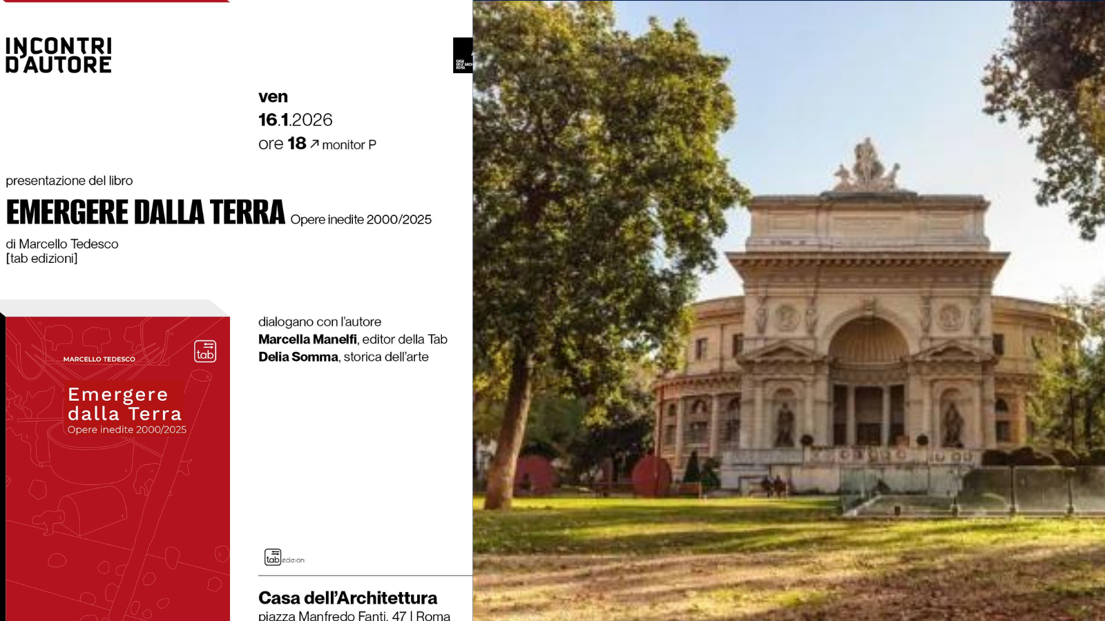 16/1/26 Presentazione del libro “Emergere dalla Terra” all’Acquario Romano – Casa dell’Architettura