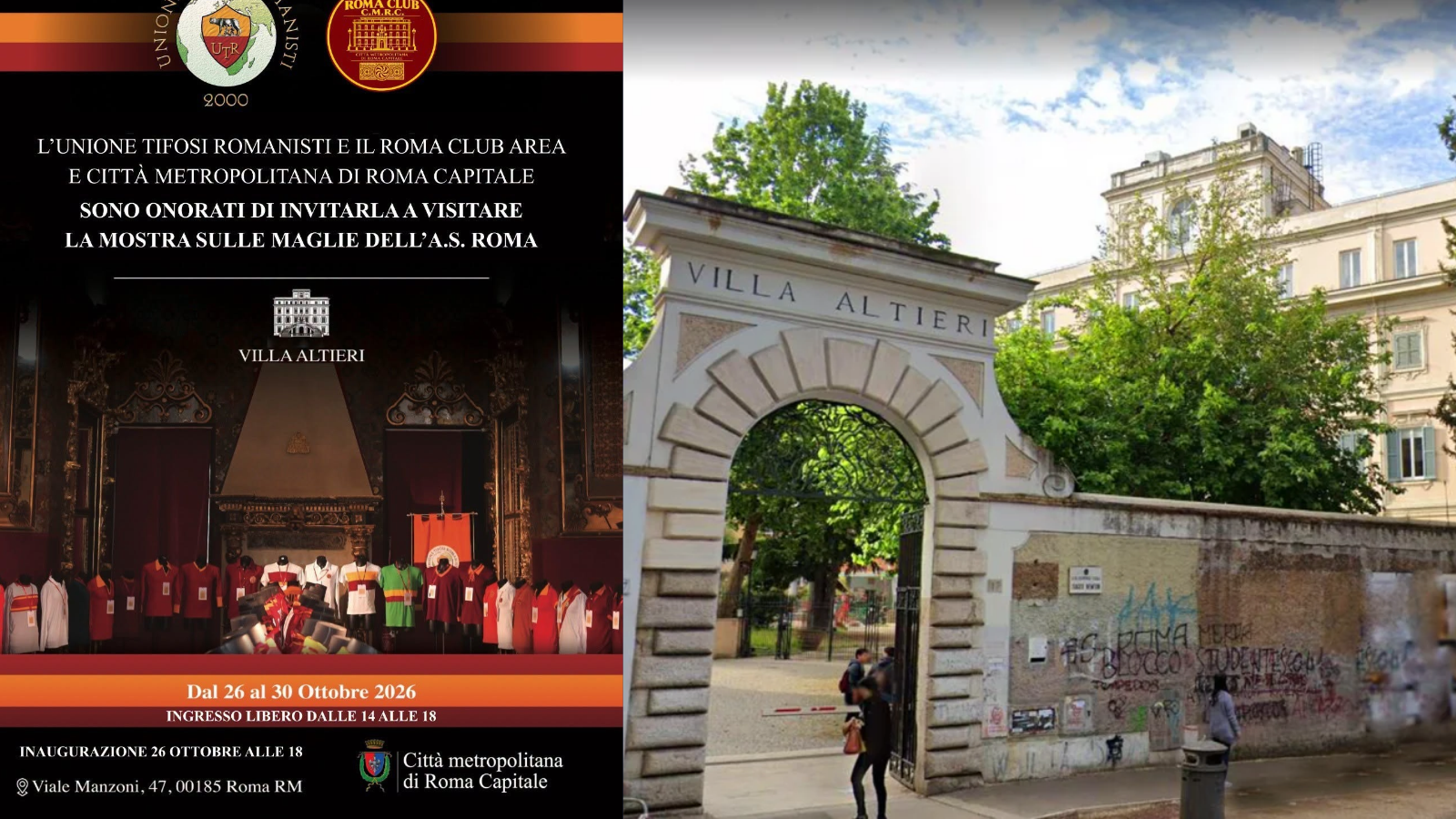 Dal 26 al 30/10/26 “La storia dell’A.S. Roma attraverso le maglie” Mostra presso Villa Altieri